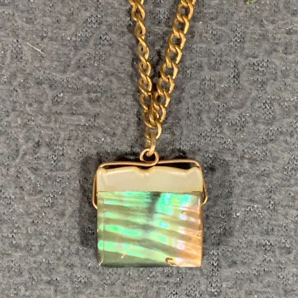Vintage Abalone Shell Pendant Necklace Women 22" Gold Tone Square Boho